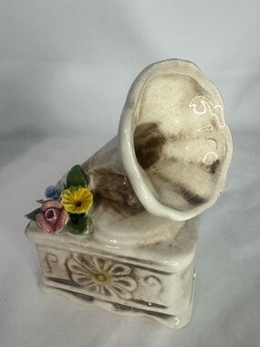 Vintage Porcelain Gramophone Figurine Hand Painted Floral Phonograph Decor
